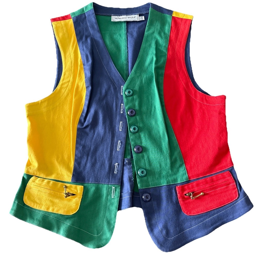 Vintage Howard Wolf Womens Size 12 vest colorful art to wear funky Clown artsy